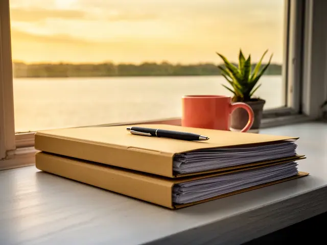 A neat stack of closed manila folders and a pen on a desk by a window.