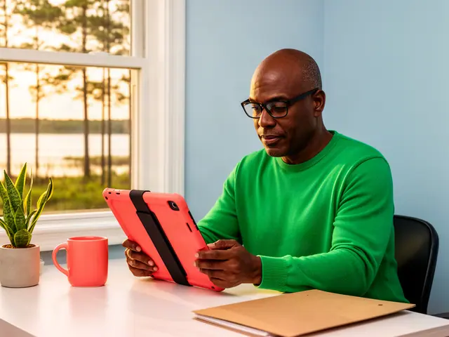 A man with a shaved head and black-framed glasses reviewing a tablet at a desk in a small back office.