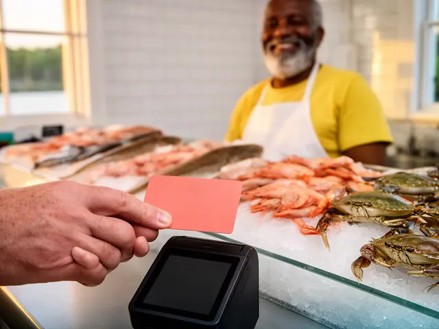A customer taps a card on a counter terminal at a small seafood market.