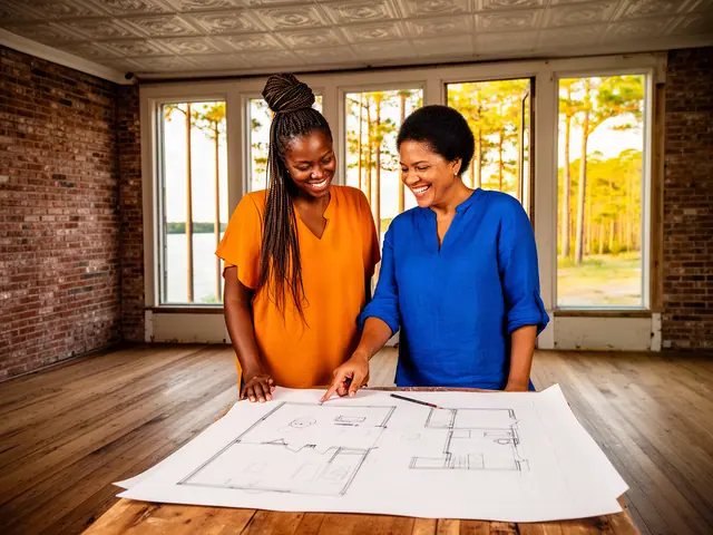 Two business partners looking over a pencil floor sketch in an empty storefront.